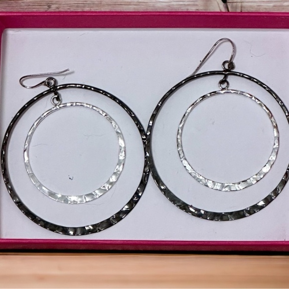 Anthropologie Silver Double Hoop Hammered Earrings
